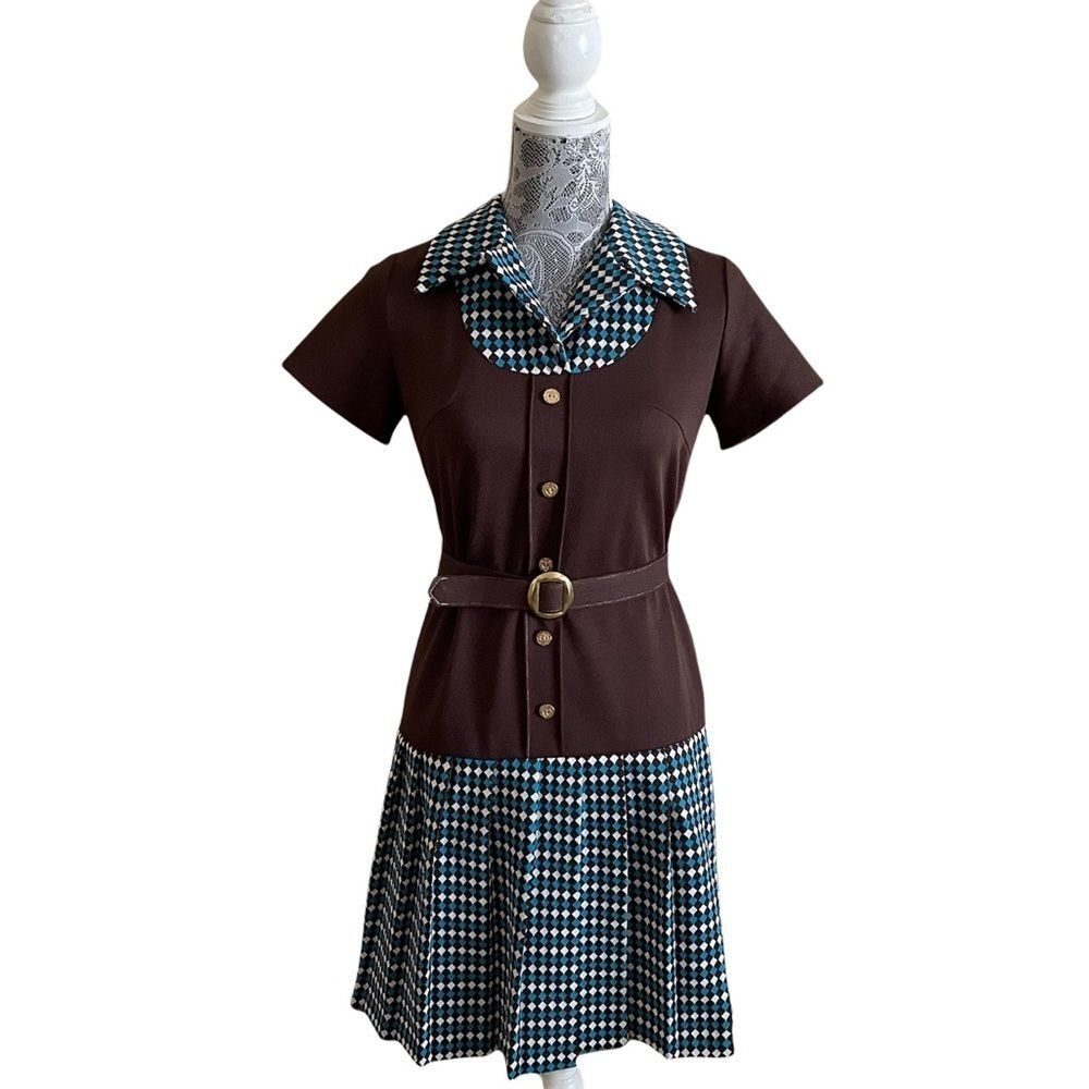 VINTAGE Handmade Diamond Print Polyester Brown Dress